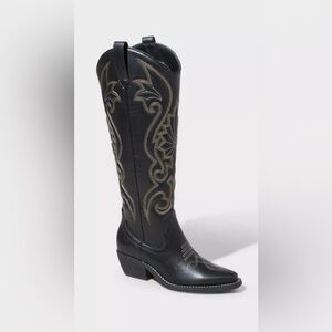 wild fable Black Over-the-Knee Western Boots with Silver Embroidery
